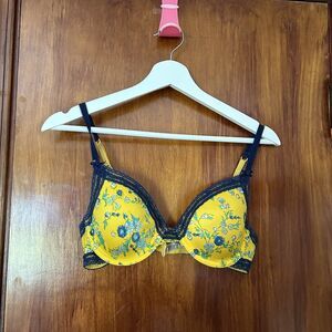 Aerie Katie Bra 36B Gold Yellow and Navy Blue Floral Print Lace Trim Satin Wire